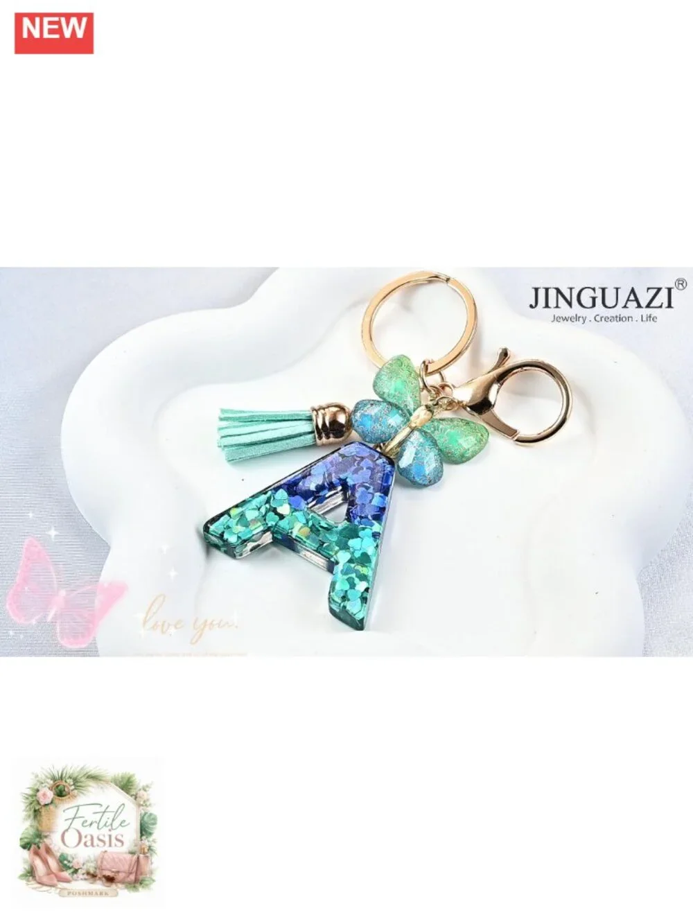 Butterfly Initial Letter Keychain Bag Charm Women Resin Tassel Accessory